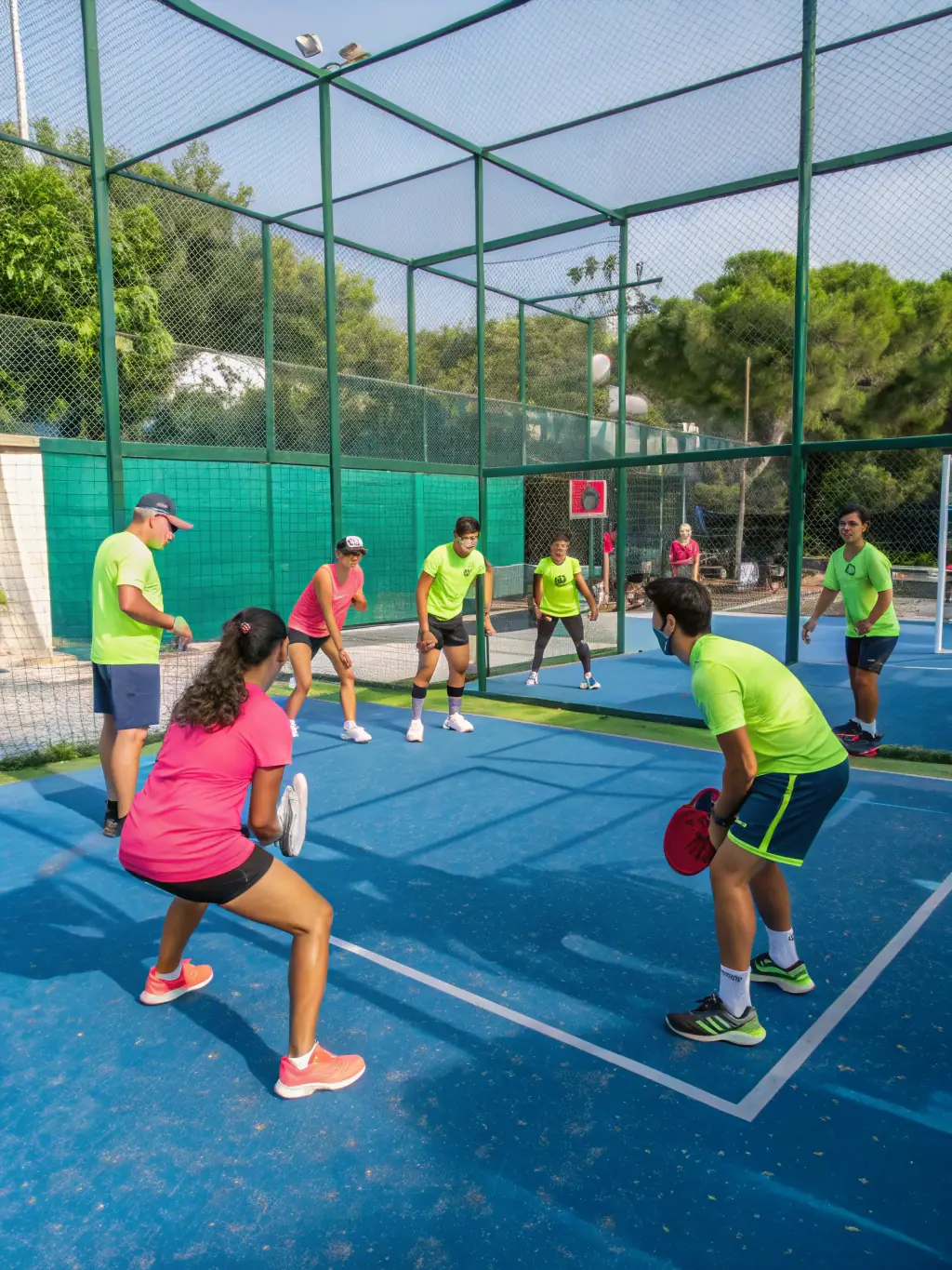 A diverse group of padel players of different ages and skill levels participating in a training session at ASSOCIATION PADEL TOLOSA ACADEMY, emphasizing inclusivity and community engagement.