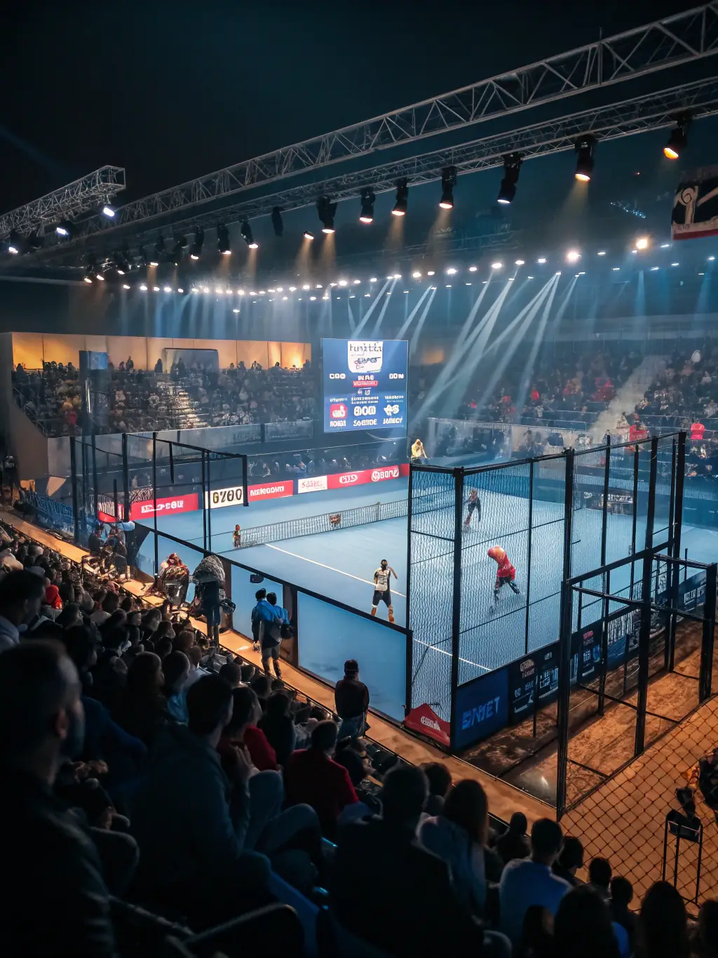 A dynamic shot of a padel tournament in progress at ASSOCIATION PADEL TOLOSA ACADEMY, showcasing players in action and the excitement of the competition.