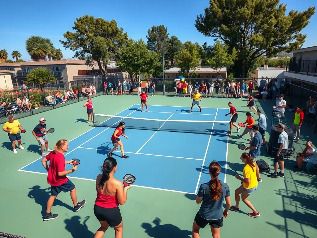 A dynamic shot of padel players in action during a local tournament organized by ASSOCIATION PADEL TOLOSA ACADEMY, showcasing the competitive spirit and community engagement.