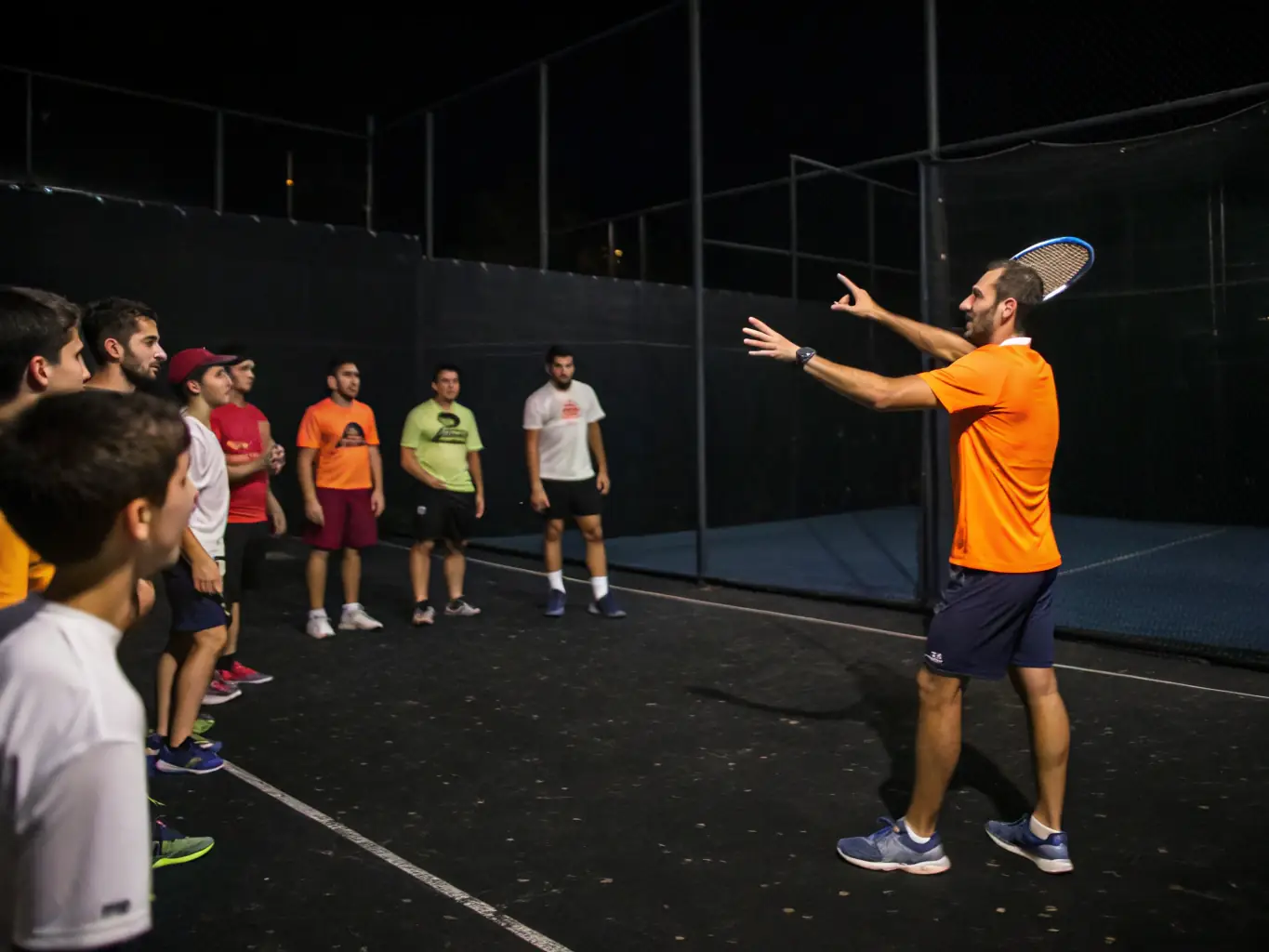 A focused image of a certified padel instructor providing personalized coaching to a student at ASSOCIATION PADEL TOLOSA ACADEMY, emphasizing technique and skill development.