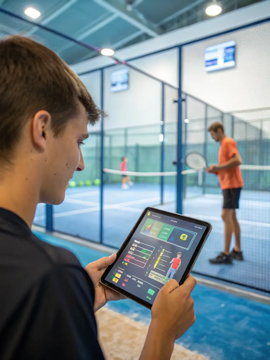 A vibrant image of a certified padel instructor demonstrating a forehand technique to a student on a well-maintained padel court at ASSOCIATION PADEL TOLOSA ACADEMY.